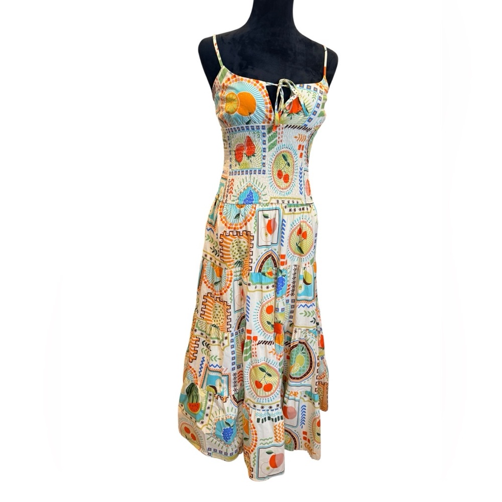 Moon River Cream Maxi Dress with Orange, Blue, Green & Red Print